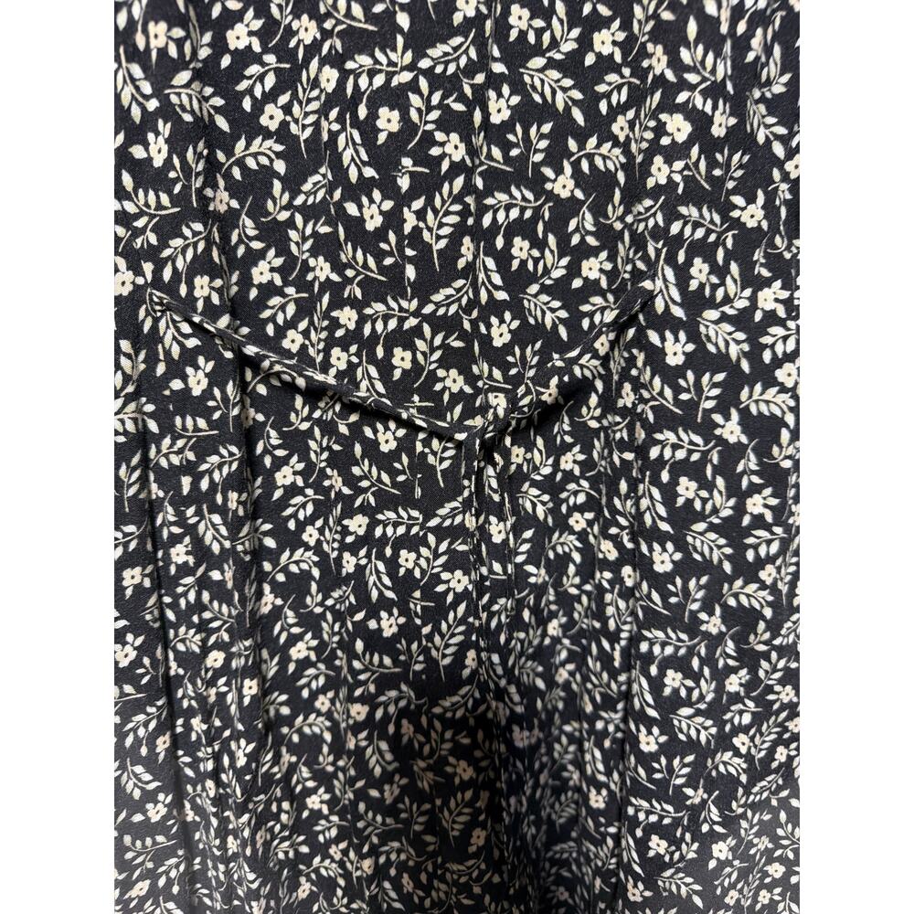 Vintage Midi Shirt Dress 12 Black Cream Floral Short Sleeve Collared Tie - Picture 5 of 7